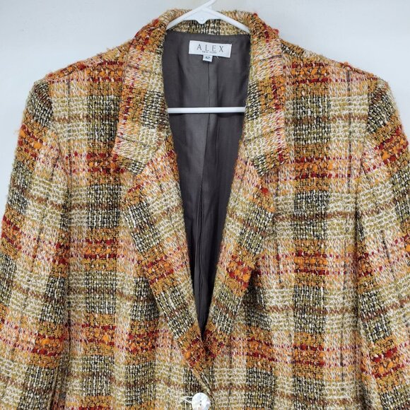 Vintage Alex Pure Wool Orange Plaid Tweed One 0Button Academia Blazer Jacket 12 - Picture 8 of 11